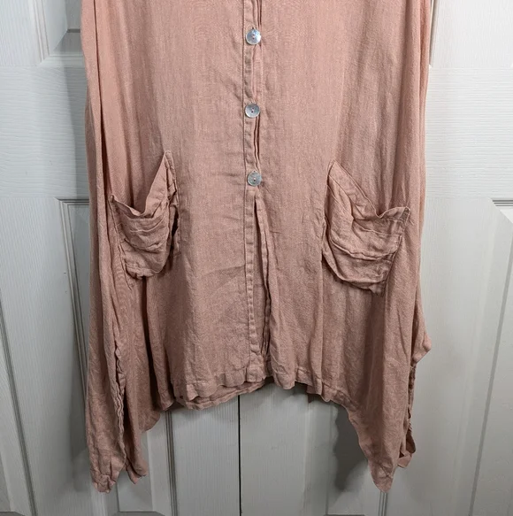 Match Point USA Linen Tunic Top Large Peach Asymmetrical Button Lagenlook - Picture 4 of 11